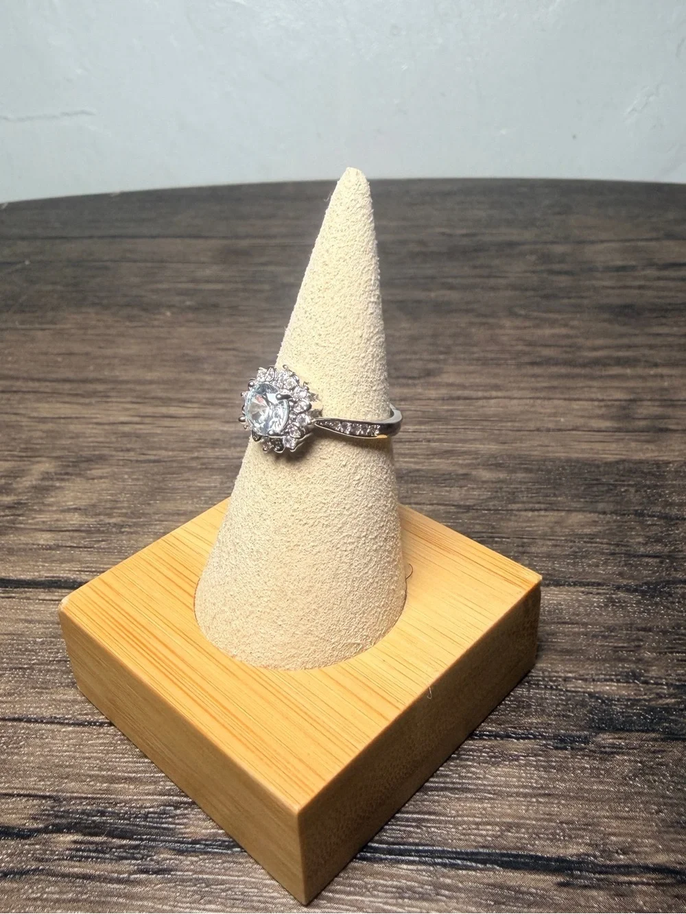 Silver White Halo Flower Ring Adjustable